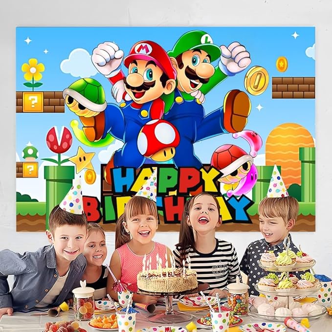 Mario Wall Decor Backdrop for Kids Birthday Decorations, Mario Banner for Birthday Party Supplies (5x3ft)