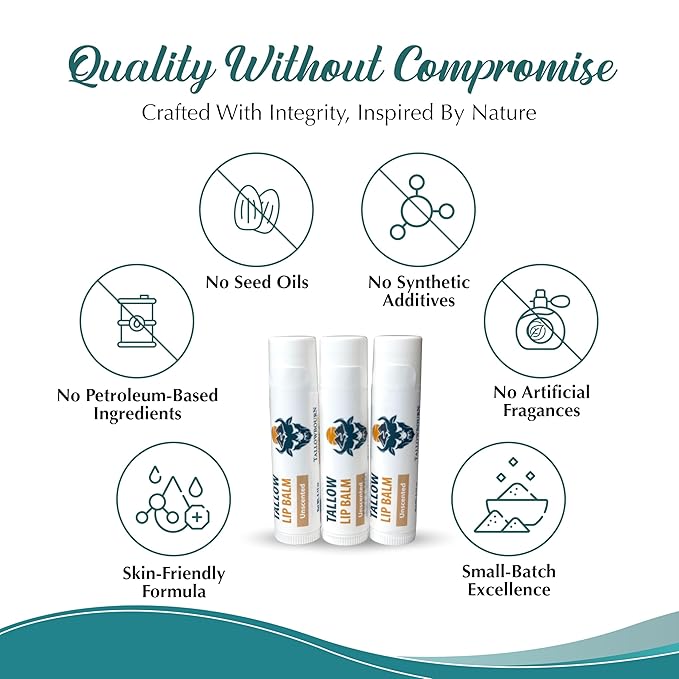 Moisturizing Tallow Lip Balm – Grass-Fed Beef Tallow with Organic Coconut Oil, Beeswax, and Vitamin E – Unscented Lip Balm Set – Travel Essential - 3-Pack