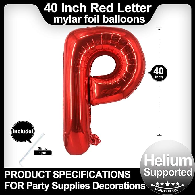 40 Inch Red Letter P Balloons, DIY Phrase Foil Alphabet Letter P Balloons DIY Word P Banner for Birthday Anniversary Celebration Graduation Party Supplies Decoration