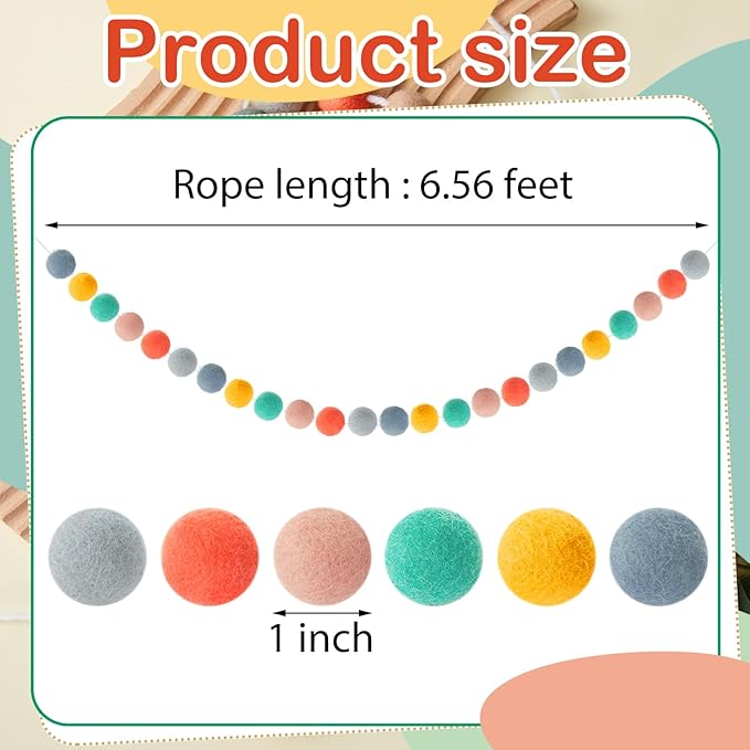 Boao 2 Pieces Wool Felt Ball Garland Colorful Pom Pom Garland Handmade 6.5 Feet Long 24 Balls Felt Banner for Wall Christmas Tree Decoration (Cute Colors)