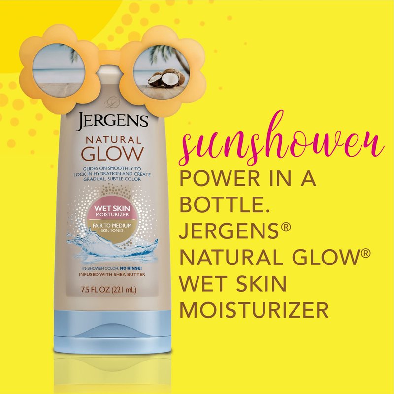 Jergens Natural Glow In Shower Lotion, Self Tanner for Medium to Deep Skin Tone, Sunless Tanning Wet Skin Lotion for Gradual, Flawless Color, 7.5 Ounce, Pack of 2