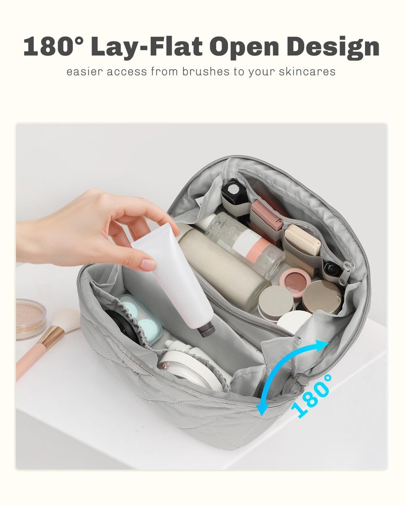 Hynes Eagle Travel Makeup Bag for Women Puffy Cosmetic Organizer Pouch Open Flat Toiletry Bag for Toiletries, Brushes Grey