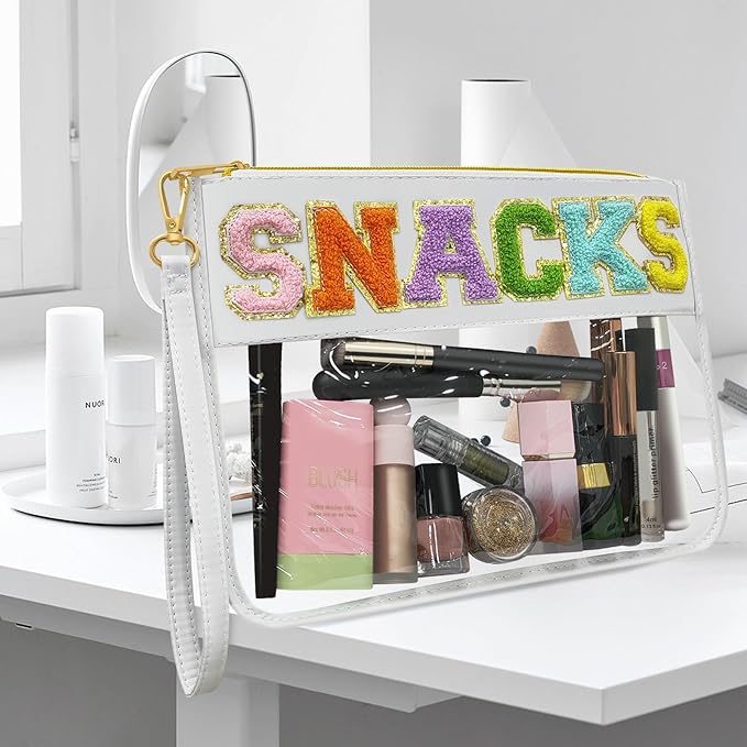 Chenille Letter Clear Travel Zipper Pouch Nylon Makeup Bag, Preppy Makeup Bag Clear Cosmetic Toiletry Bag, Water-proof Makeup Travel Pouch Snack Bags for Women (White-Snacks)
