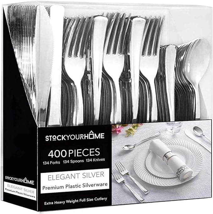 Silver Plastic Silverware Set (400-Pack) – Disposable Heavy Duty Cutlery, 134 Forks, 134 Knives, 134 Spoons for Parties, Weddings, Dinners & Holidays