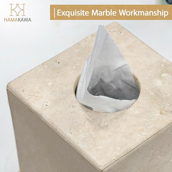 Natural Marble Tissue Box Cover, Beige Tissue Organizer 6 x 6 x 6 Inch, Heavy Stone Decorative Box, Square Tissue Box Holder for Home Decor, Kitchen, Bathroom, Bedroom