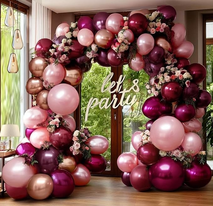 Burgundy Pink Balloon Arch Double Stuffed Dark Ruby Red Pink Plum Gold Balloon Garland Kit Maroon Balloons for Wedding Bridal Shower Birthday Mother's Day Engagement Anniversary Party Decor