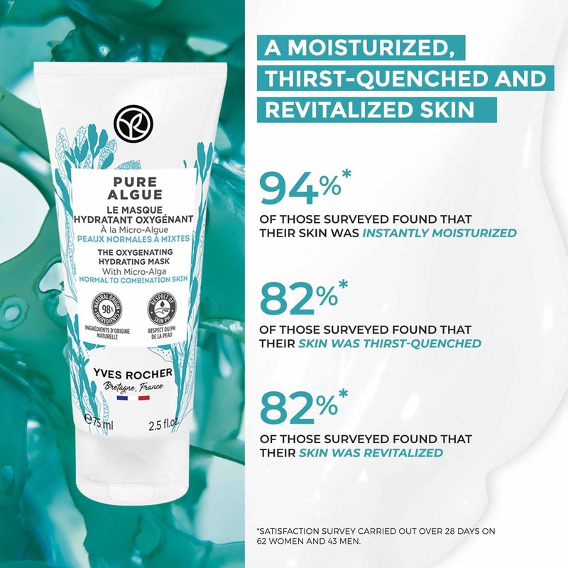 Yves Rocher The Oxygenating Hydrating Mask – Pure Algue | For Normal to Combination Skin | Moisturize & Revitalize | 2.5 fl oz