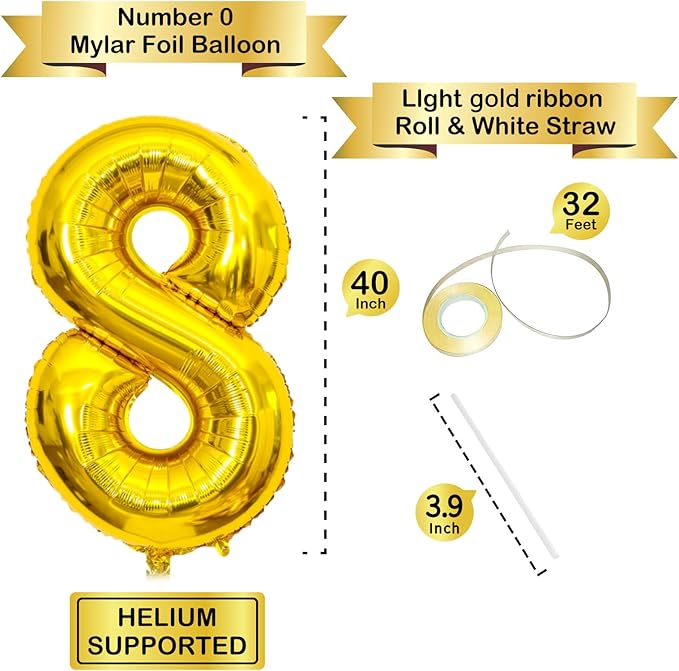 40 Inch Gold Number Balloons, Helium Mylar Foil Number Balloons for Birthday, Number 8 Balloon for 8st Birthday Decorations for Kids, Anniversary Party Decorations Supplies