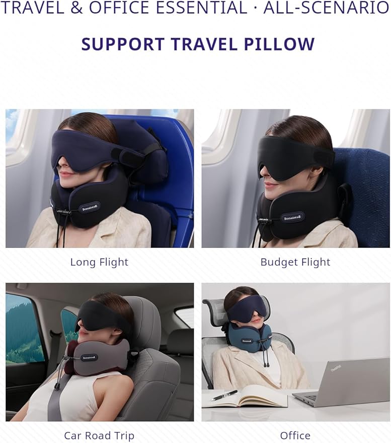 Travel Pillow, Neck Pillow Airplane with 3D Eye Mask & Seat Strap for Long Flight Sleep Road Trip, Dual-Density Supportive Foam, 360°Support Head, Neck & Chin Travel Essentials Aqua & Purple