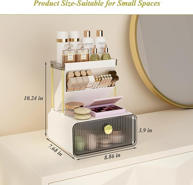 FOLLOWIN Bathroom Counter Organizers and Storage with Drawer,Cosmetic Organizer with Make Up Brush Holder,Perfume Makeup Shelf,3-Tier Vanity Storage,Smoky Gray