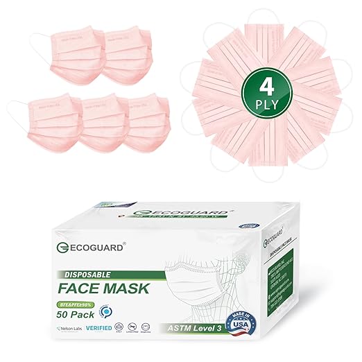 Disposable Face Masks Made in USA, 4 Ply for Families, Students, Breathable All-Day Wear & Safety, FSA HSA Eligible, ASTM Level 3 Medical Grade, 50 Pack, Pink