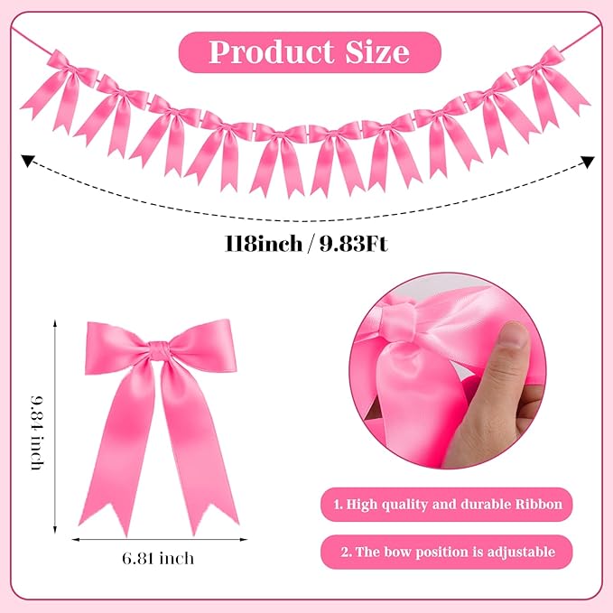 Hot Pink Bow Garland Bow Banner Bow Party Decorations Pre-Strung Large Coquette Satin Ribbon for Birthday Bachelorette Party Bridal Shower Wedding Engagement Baby Shower