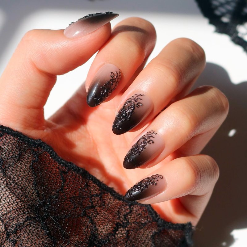 Glamnetic Press On Nails - 'Til Death | Ombre 3D Lace Medium Almond Fake Nails with Glossy Finish, Salon Quality Halloween Nails | 15 Sizes - 30 Nail Kit with Glue