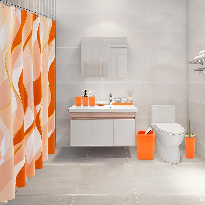 Orange Bathroom Accessories, Bathroom Sets with Stripe Shower Curtain, Orange and Gold Bathroom Accessories Set with Trash Can, Soap Dispenser, Soap Dish, Qtip Holders for Bathroom