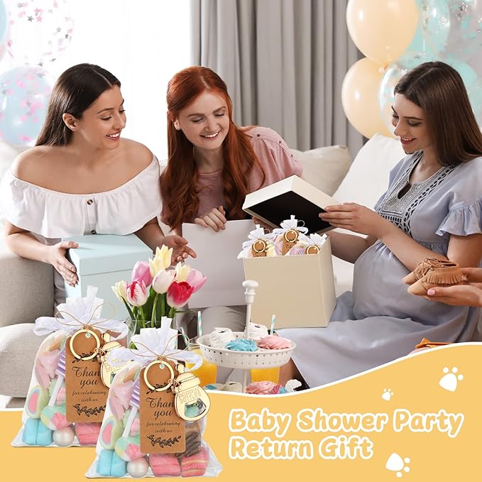 CHENGU Popping Bottle Openers Baby Shower Return Favors for Guests Bottle Opener Decorations and Souvenirs with Organza Bags Thank You Tags for Theme Party Favors (Key Chain Style,73 Pieces)