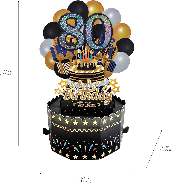 80th Birthday Cards 3D Popup Birthday Greeting Cards - Birthday Greeting Card for Men, Women, Mom,Dad and Grandparents with Blank Note and Envelope Included (Black Gold)
