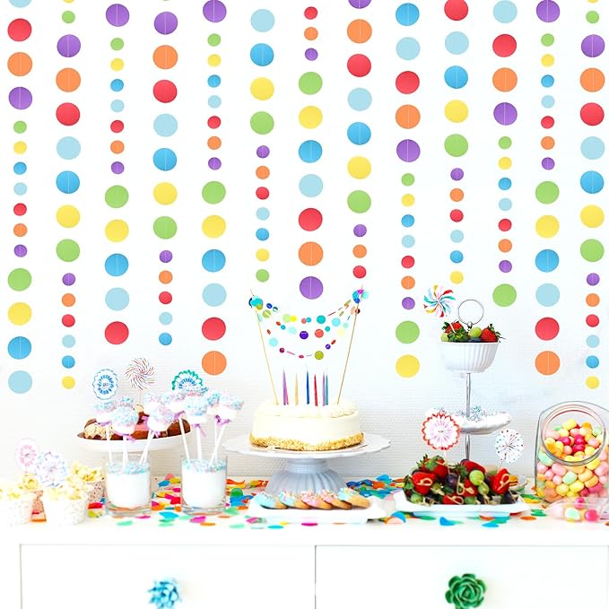 5 Pcs Colored Garland Glitter Colorful Circle Dots Garland, PLULON 65 Ft Hanging Paper Polka Dot Streamer Backdrop Banner for Party Decor Birthday Baby Shower Classroom Stitch Party Supplies