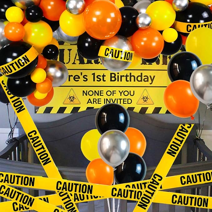 Quarantine Balloon Garland & Arch Kit, 74 Pack 12Inch 5Inch Black, Orange, Yellow, Silver Latex Balloons Strip Set with Caution Tape for Quarantine Birthday Party Decorations Construction