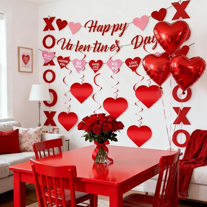 Valentines Day Decorations Set for Party, Happy Valentines Banner, XO Garlands, Hanging Swirls Heart Decor for Home Wedding Anniversary Party Supplies (Valentines)