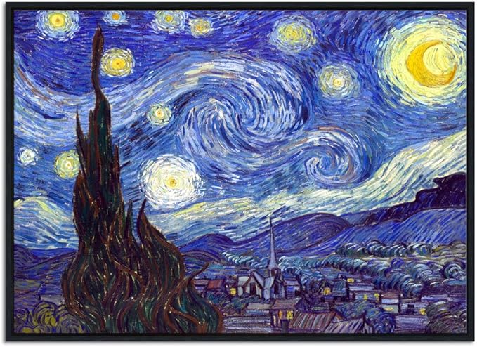 Wieco Art Framed Art Canvas Prints of Starry Night by Vincent Van Gogh Paintings Reproduction Post-Impressionism Artwork Framed Wall Art for Living Room Home Decorations Black