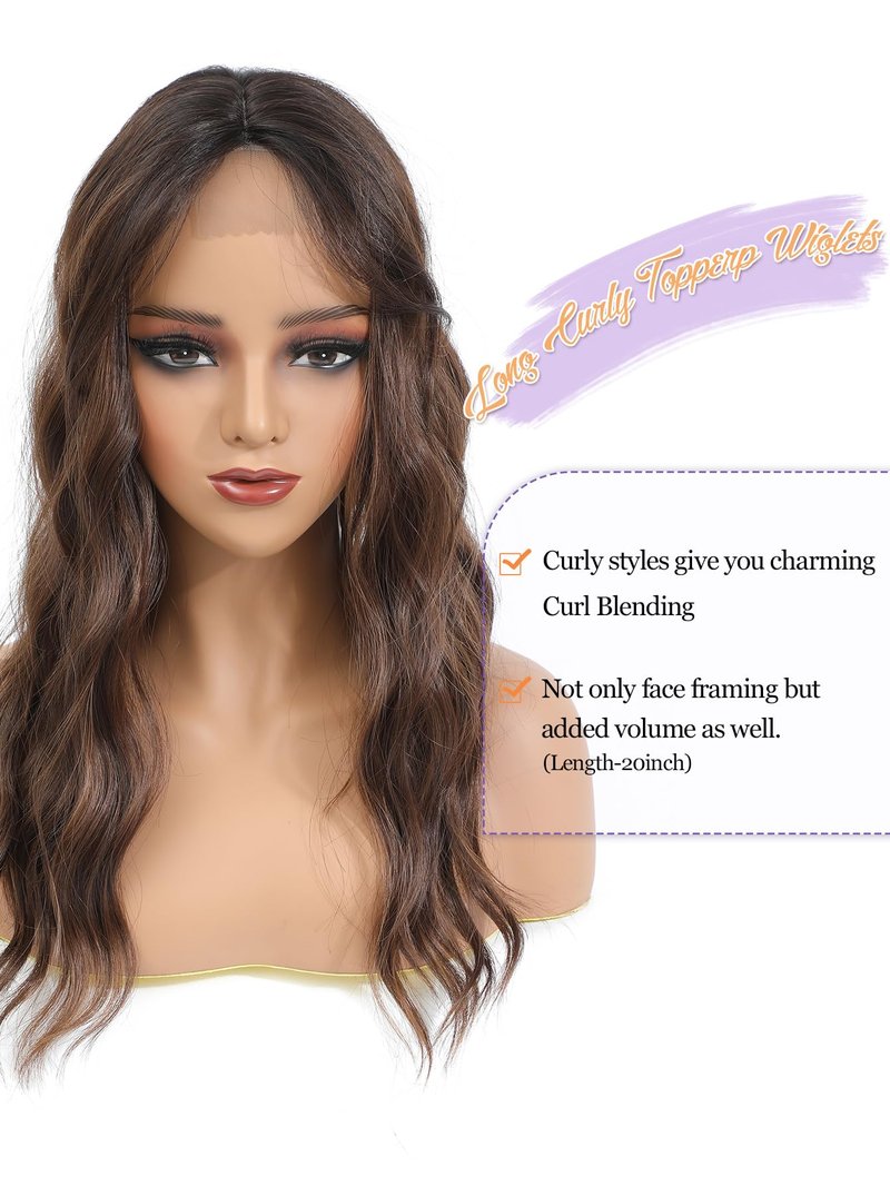 PANEWAY Hair Topper 20 Inch Synthetic Wavy Clip-In Topper for Daily Wear, Instant Volume & Length, Breathable for All-Day Comfort, Perfect for Thinning Hair (Brunette Brown Balayge with Dark Root)