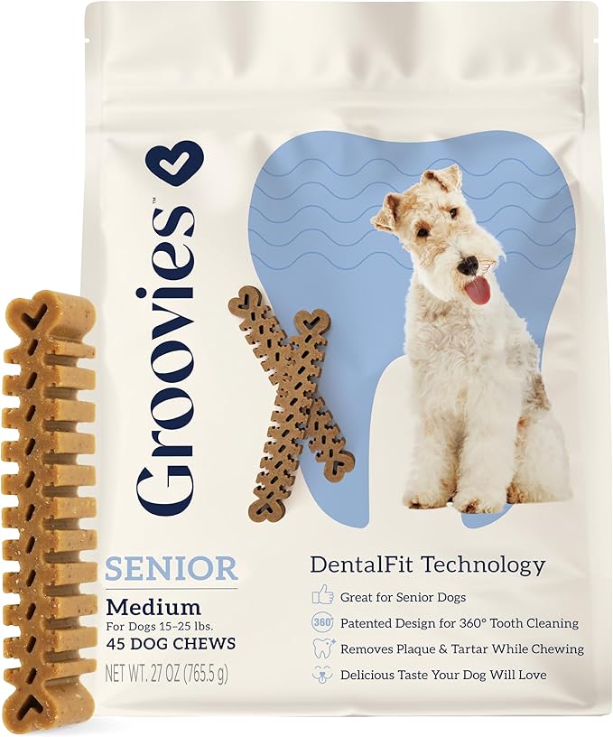 Groovies Slightly Softer, Yet Flexible Dental Chew for Senior Dogs & Delicate Chewers. Powered by USA-Patented DentalFit Tech. No Added Gluten, No Artificial Flavors or Colors. 27oz Medium (45Chews)