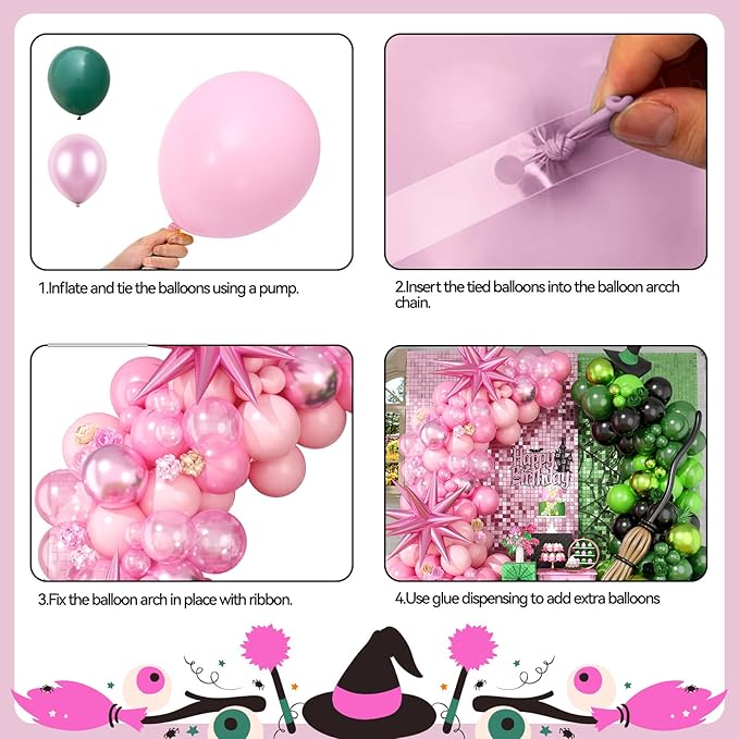 FunHot Pink Green Balloon Arch Garland Kit with Pearl Light Pink Dark Metallic Green Black Balloons Explosion Star Foil Balloon 260 Long Balloons for Baby Shower Witch Theme Birthday Party Decoration