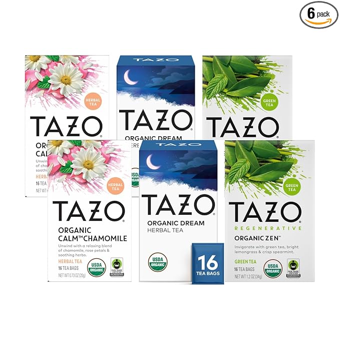 TAZO Tea Bags, Regenerative Organic Zen, Calm Chamomile & Herbal Organic Dream 16 CT (2ea) (Variety Pack)