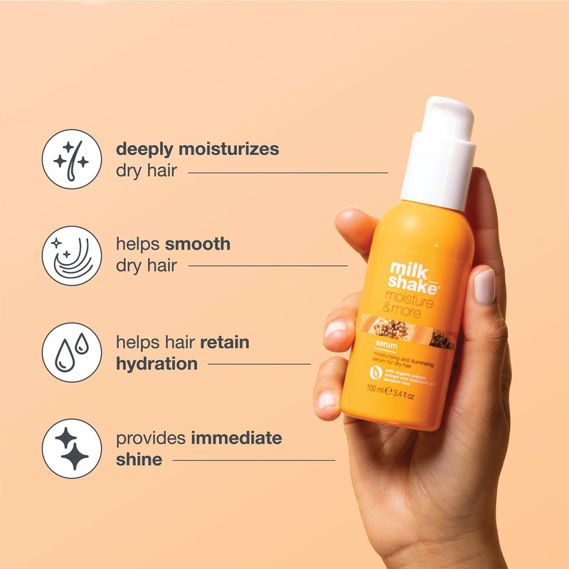 milk_shake moisture & more serum | hydrating leave-in treatment for dry hair | with milk proteins, fruit extracts & hyaluronic acid to smooth and add shine | 3.4 fl oz