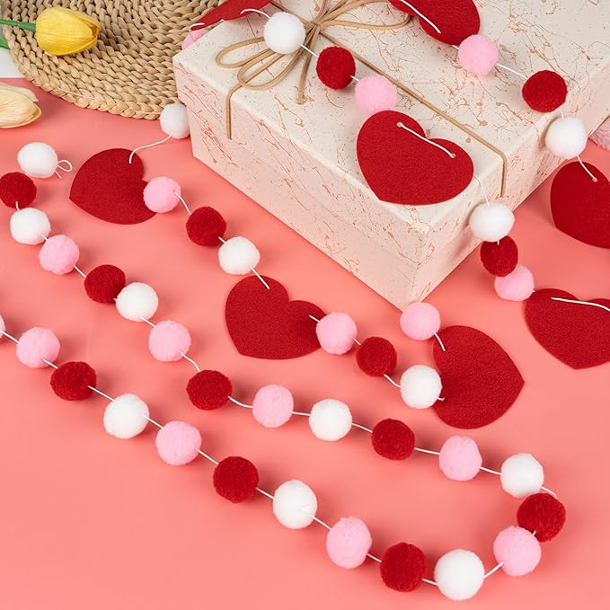 4 Pcs 26.3 Feet Valentine's Day Felt Ball Garland with Red Heart, Red Pink White Pom Pom Garlands Romantic Hanging Decorations for Valentine’s Day Wedding Anniversary Home Wall Decor