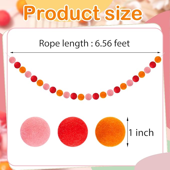 Boao 2 Pieces Wool Felt Ball Garland Colorful Pom Pom Garland Handmade 6.5 Feet Long 24 Balls Felt Banner for Wall Christmas Tree Decoration (Hot Pink,Pink,Orange)