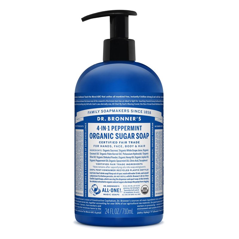 Dr. Bronner's - Organic Sugar Soap (Peppermint, 24 Ounce) - Made with Organic Oils, Sugar & Shikakai Powder, 4-in-1 Uses: Hands, Body, Face & Hair, Cleanses, Moisturizes & Nourishes, Vegan