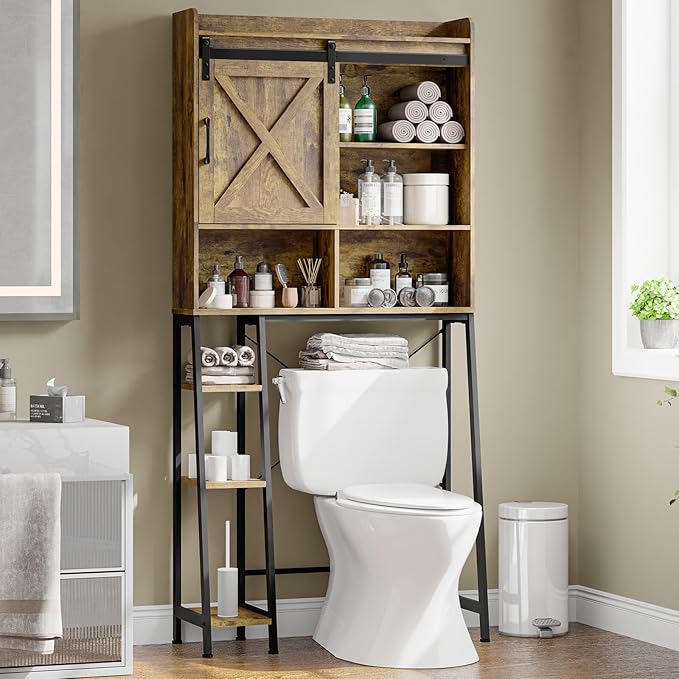 Farmhouse Storage Cabinet Over Toilet with Sliding Door & Toilet Paper Holder Stand, Space-Saving Bathroom Rack