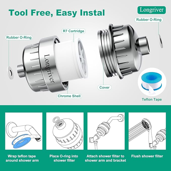R7 Shower Filter with 4 Replacement Cartridge High Put Shower Water Filter for Hard Water 99.99% Remove Chlorine, Heavy Metals, Shower Water Softener, Improve your skin and hair, Chrome