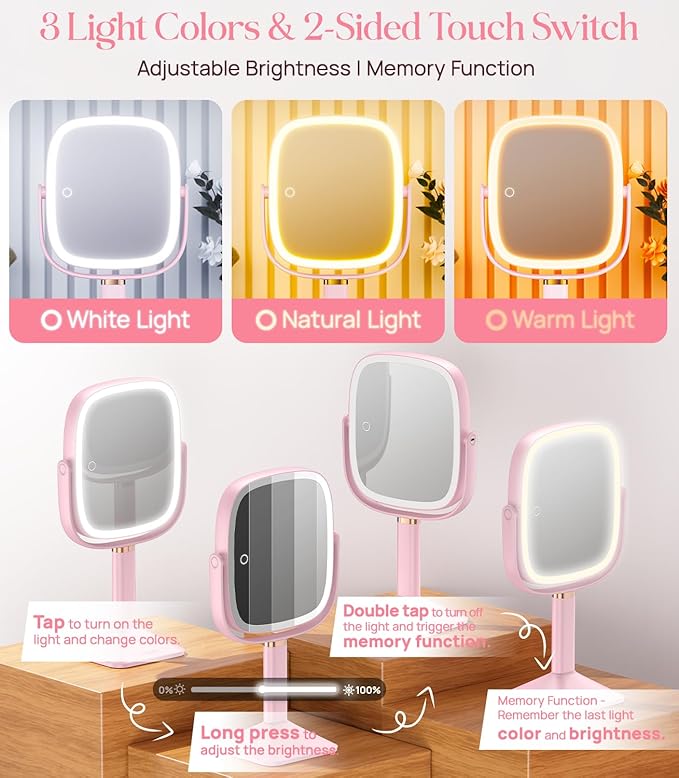 Gospire Rectangle Lighted Makeup Mirror with Lights 3 Color, Height Adjustable and 1X/10X Magnifying, 4000mAh Rechargeable Battery for Bedroom, 8.5”x7.4” Large Surface, Stepless Dimming - Pink