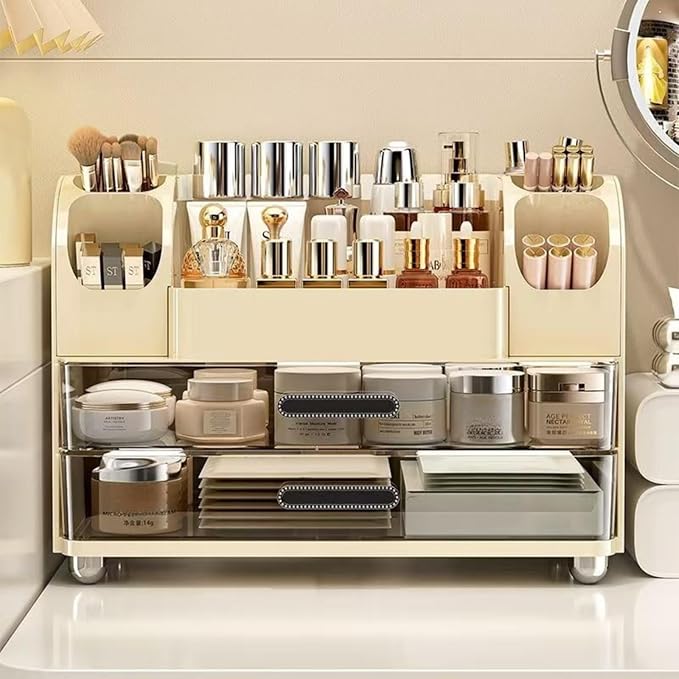 Makeup Organizer with Drawers for Vanity,Bathroom Countertop Organizer with Brushes Holder,Skincare Storage Organizer,Perfect Cosmetic Display Case for Skincare,Lipstick and Beauty Essential (Cream)