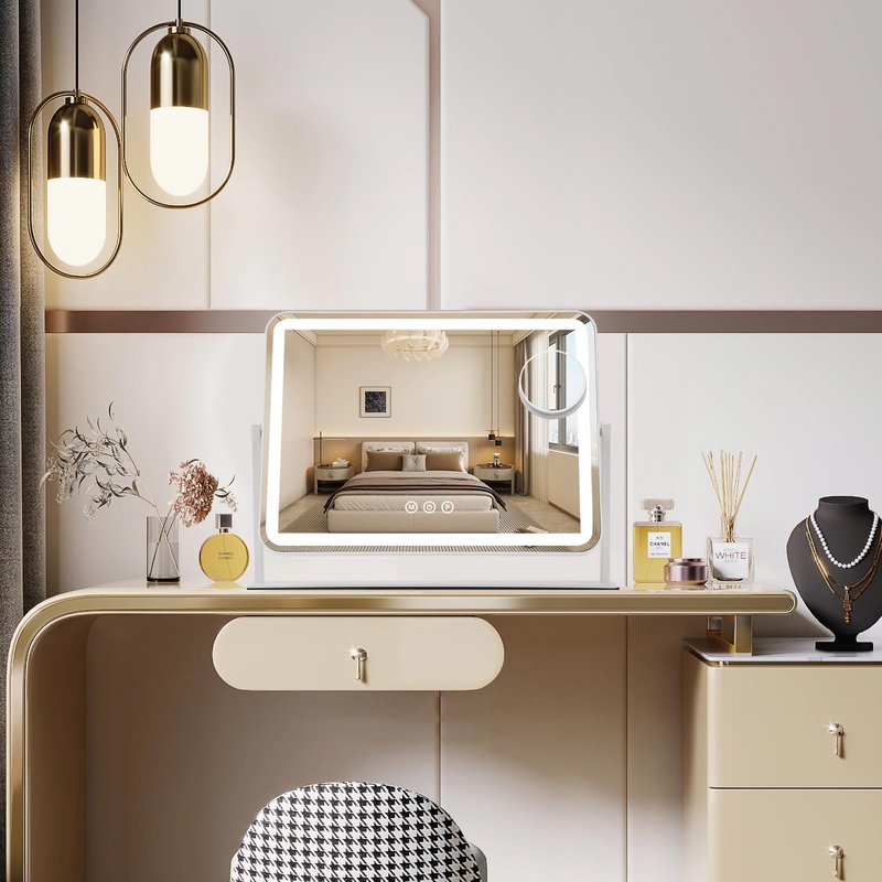 ViKert Vanity Mirror with Lights, 5X Magnification Spot Mirror, Makeup Mirror with Dimmable 3 Color Lighting, 17.3"L x 14.2"W