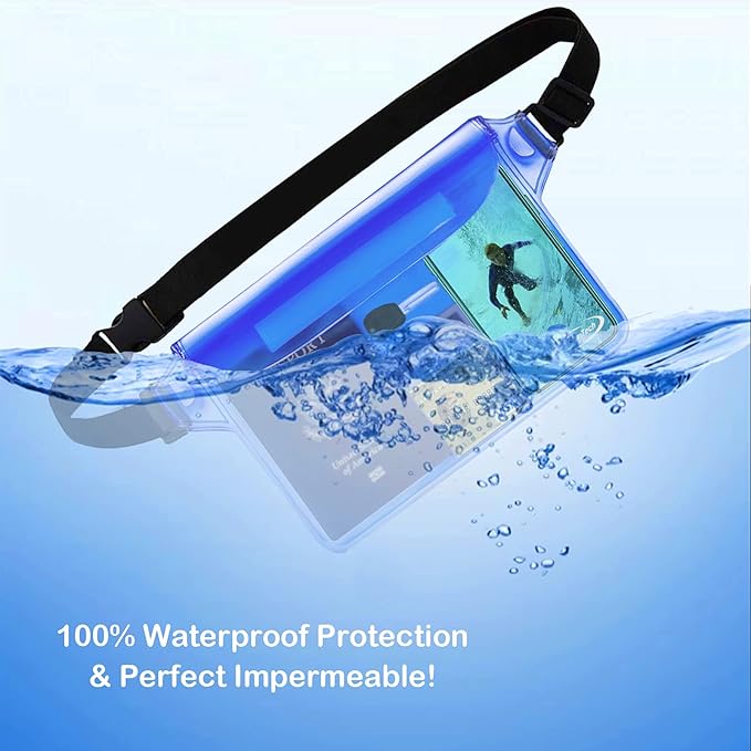 AiRunTech Waterproof Pouch with Waist Strap (2 Pack) | Beach Accessories Best Way to Keep Your Phone and Valuables Safe and Dry | Perfect for Boating Swimming Snorkeling Kayaking Beach Pool Water Park