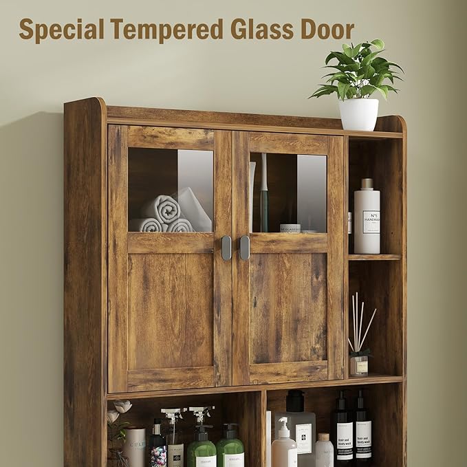 Vabches Over The Toilet Storage Cabinet, Bathroom Shelf Over Toilet with Glass Doors and Adjustable Shelves, Brown Freestanding Home Space Save Toilet Rack, for Restroom, Bathroom, Laundry