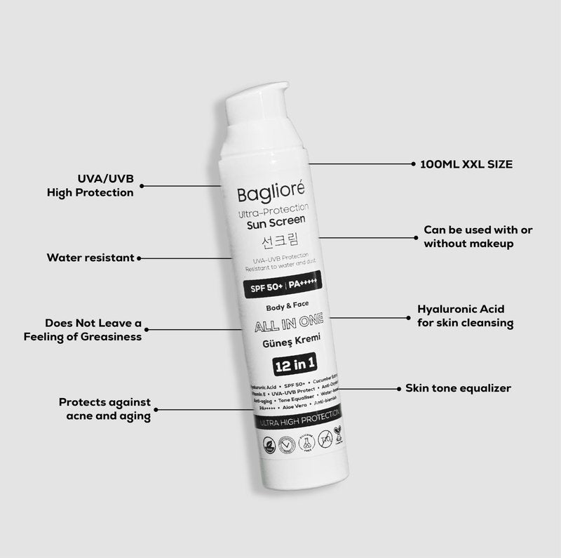 Bagliore Ultra-Protection Sunscreen, SPF 50+, Moisturizer with Zinc Oxide & Hyaluronic Acid, PA+++++, 12 in 1, Body & Face, 3.38 fl oz