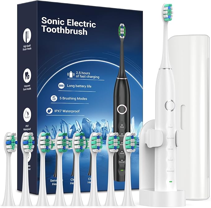 Rtauys S5 Sonic Electric Toothbrush for Adults with 8 Brush Heads, IPX7 Travel Electric Toothbrush with Travel Case, 2.5 Hours Charge for 120 Days, 5 Modes with 2 Minutes Built in Smart Timer White