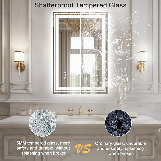 WTTY LED Bathroom Mirror, 24 x 32 with Backlit and Front Light,Stepless Dimmable LED Mirror for Bathroom,Anti-Fog Lighted Bathroom Vanity Mirror Modern for Wall,Memory Function,Shatter-Proof