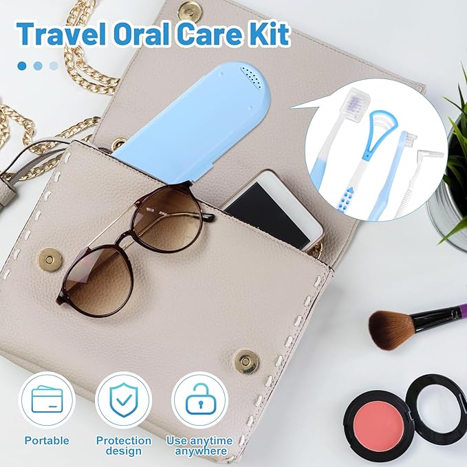 7-in-1 Travel Oral Care Kit with Case – Toothbrush, Tongue Scraper, Wisdom Toothbrush, Dental Floss, Floss Threaders, Interdental Brush, Dental Wax, Portable Hygiene Set for Daily Use Travel (Blue)