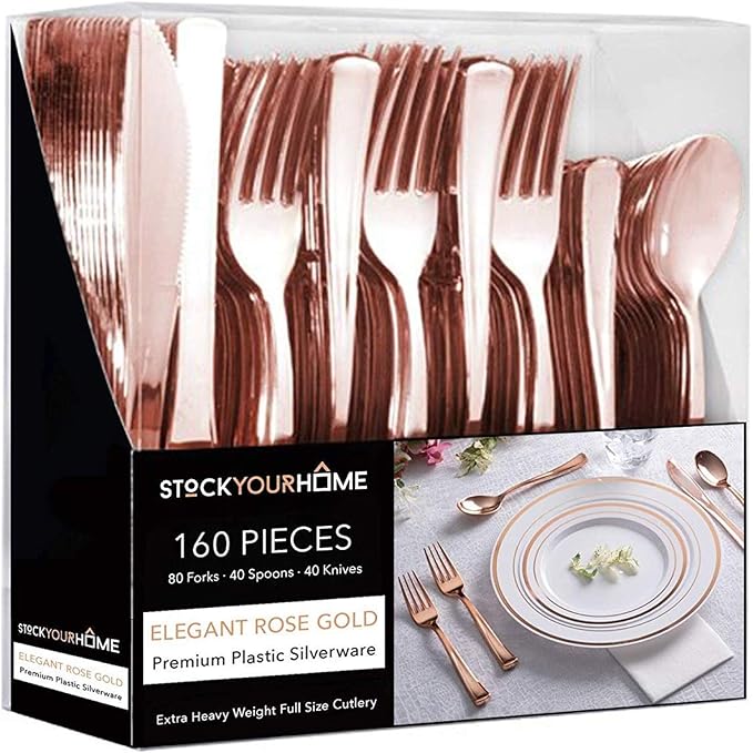 Rose Gold Plastic Silverware Set (160 Bulk Pack) Disposable Cutlery Utensils, 80 Forks, 40 Knives, 40 Spoons, Heavy Duty Rose Gold Flatware For Holidays, Parties, Dinners, Weddings, and Occasions