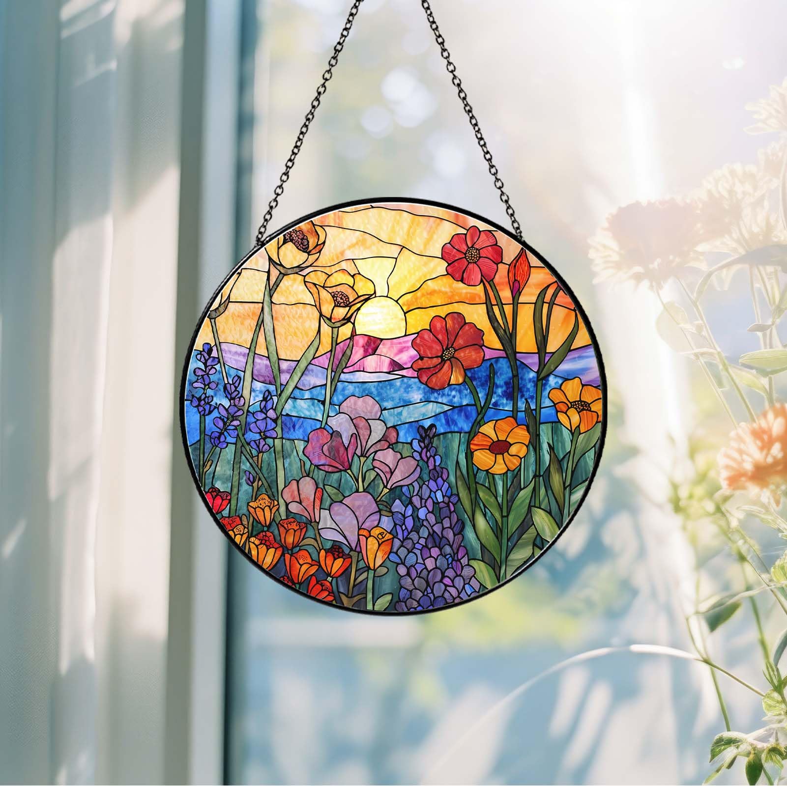 RVEAFA Wildflowers Stained Glass Suncatcher for Window, 7.8in Hanging Decor