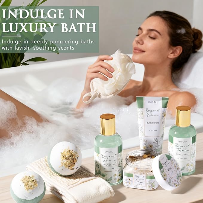 Birthday Gifts for Women, Bergamot Jasmine Relaxing Spa Gift Baskets for Women Self Care Package Bath Gift Set, Home Bath and Body Kit Pampering Valentines Day Gifts for Her Womens Mom Friends Sister