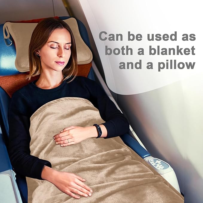 Travel Blanket and Pillow Compact, Premium Soft 2 in 1 Airplane Blanket with Soft Bag Pillowcase，Hand Luggage Sleeve and Backpack Clip (Brown)