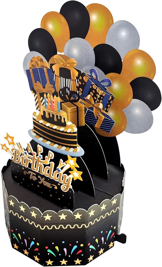 Birthday Cards 3D Popup Birthday Greeting Cards - Birthday Greeting Card for Girls, Boys Men and Women All Ages, with Blank Note and Envelope Included (Black Gold)