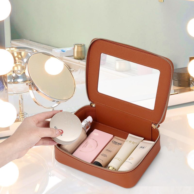 LOFOWN Clear Makeup Bag Set Travel Cosmetic Bag and Toiletry Bag Women's Purse Pouch Cosmetic Stroage Organizer Case with Zipper Car Essentials (Brown, M+Mini)