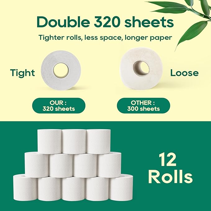 ECOLipak Bamboo Toilet Paper 3 Ply, Septic Safe Toilet Tissue, 12 Double Rolls, 320 Sheets Per Roll, Tree Free, Non Toxic, Soft and Absorbent, Eco Friendly Dye-Free Paper, White